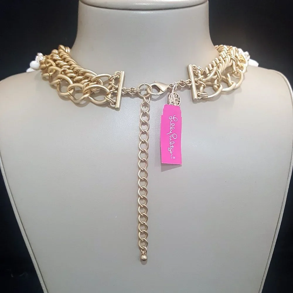 Lilly Pulitzer Roxie Resort Gold Tone White Statement Necklace NWT
